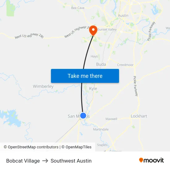 Bobcat Village to Southwest Austin map