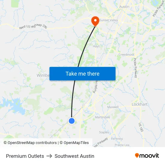 Premium Outlets to Southwest Austin map