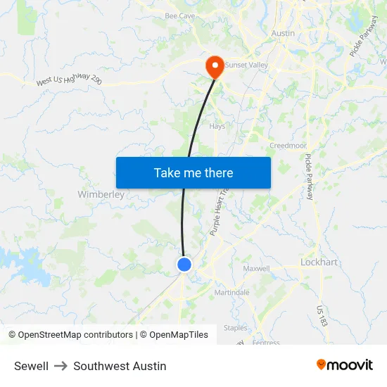 Sewell to Southwest Austin map