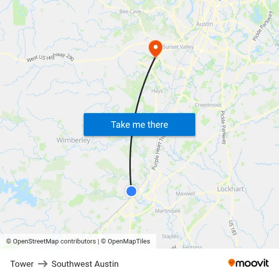Tower to Southwest Austin map