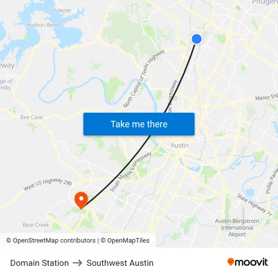 Domain Station to Southwest Austin map