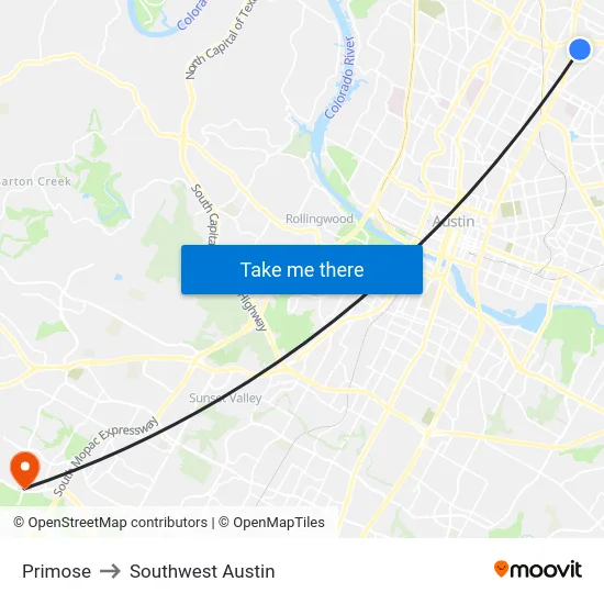 Primose to Southwest Austin map