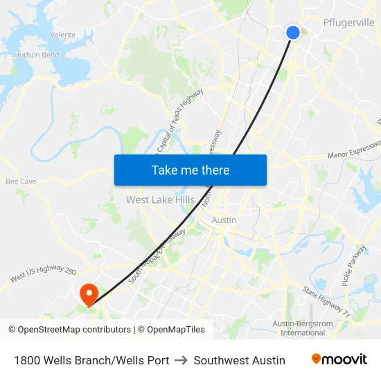 1800 Wells Branch/Wells Port to Southwest Austin map