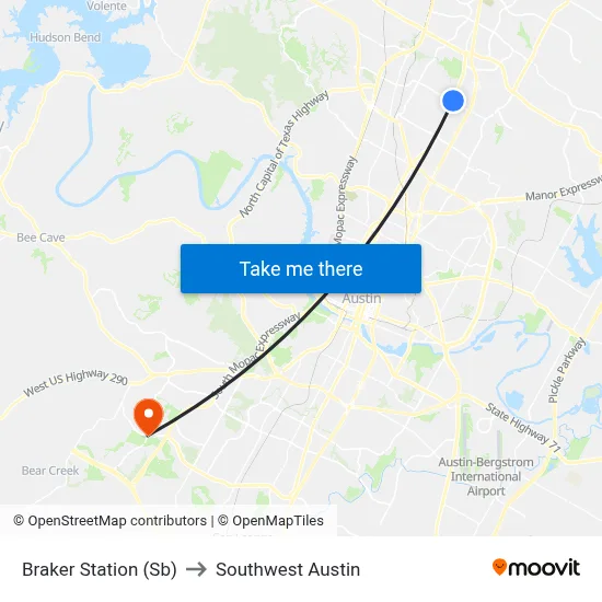 Braker Station (Sb) to Southwest Austin map