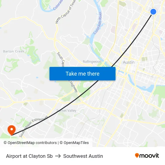 Airport at Clayton Sb to Southwest Austin map