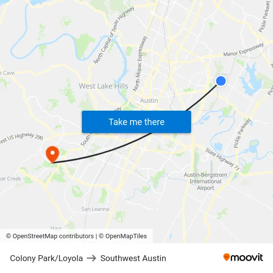Colony Park/Loyola to Southwest Austin map