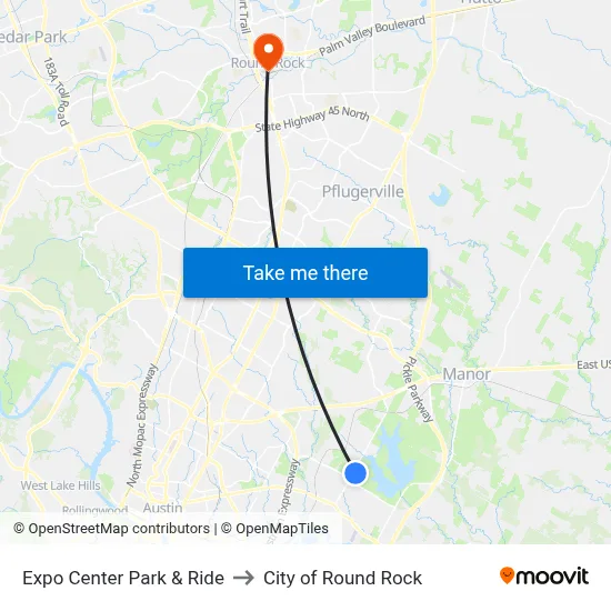 Expo Center Park & Ride to City of Round Rock map