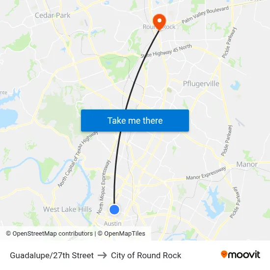 Guadalupe/27th Street to City of Round Rock map
