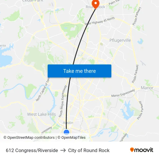 612 Congress/Riverside to City of Round Rock map