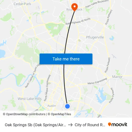 Oak Springs Sb (Oak Springs/Airport) to City of Round Rock map