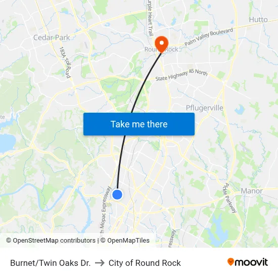Burnet/Twin Oaks Dr. to City of Round Rock map
