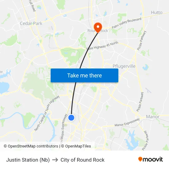 Justin Station (Nb) to City of Round Rock map
