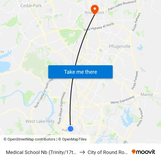 Medical School Nb (Trinity/17th) to City of Round Rock map