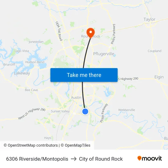 6306 Riverside/Montopolis to City of Round Rock map