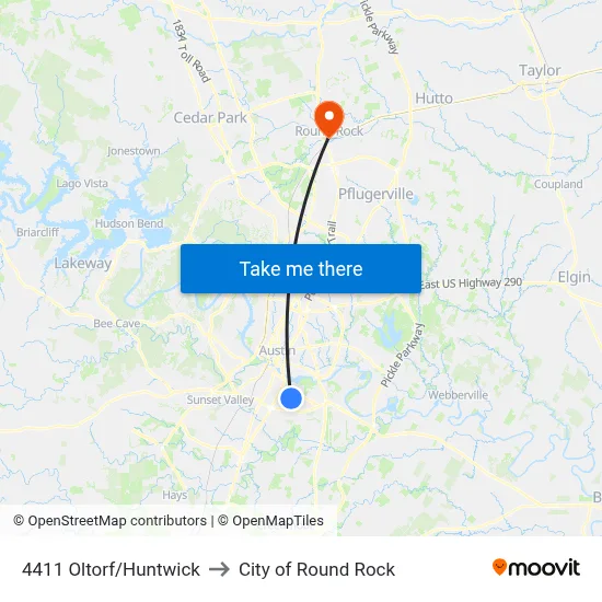4411 Oltorf/Huntwick to City of Round Rock map