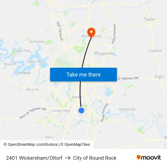 2401 Wickersham/Oltorf to City of Round Rock map