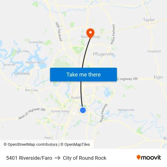 5401 Riverside/Faro to City of Round Rock map