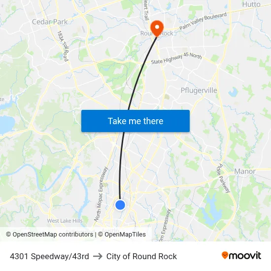 4301 Speedway/43rd to City of Round Rock map