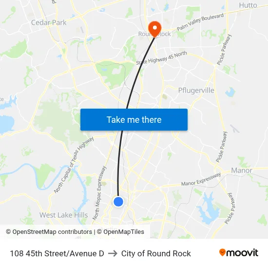 108 45th Street/Avenue D to City of Round Rock map