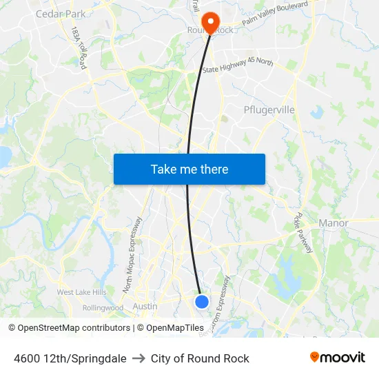 4600 12th/Springdale to City of Round Rock map