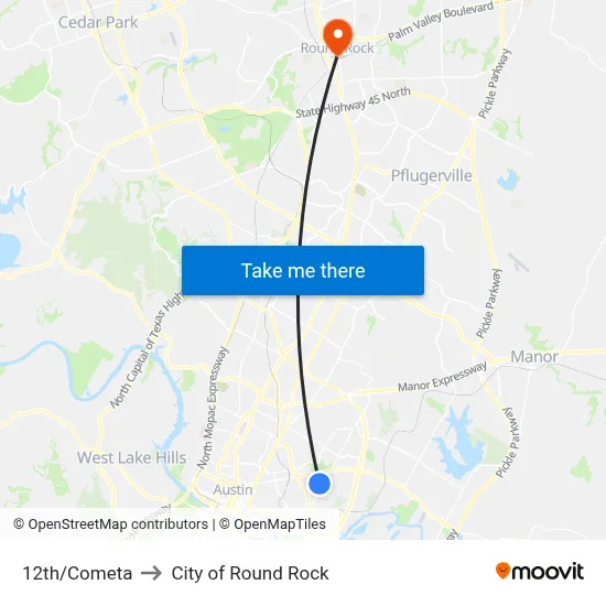 12th/Cometa to City of Round Rock map