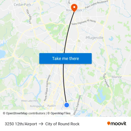 3250 12th/Airport to City of Round Rock map