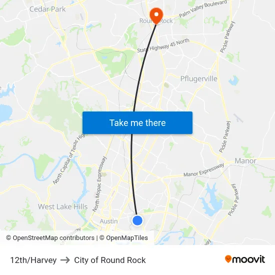 12th/Harvey to City of Round Rock map
