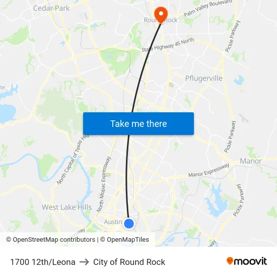1700 12th/Leona to City of Round Rock map