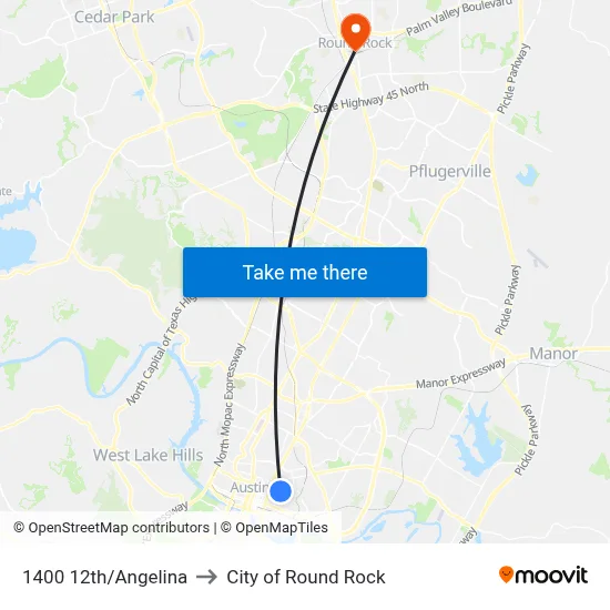 1400 12th/Angelina to City of Round Rock map