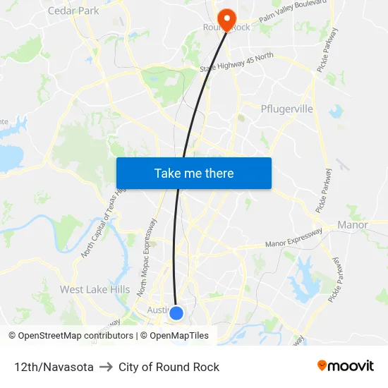 12th/Navasota to City of Round Rock map