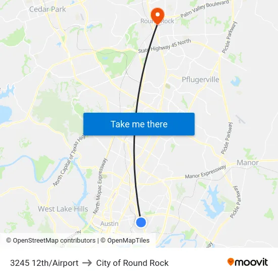 3245 12th/Airport to City of Round Rock map