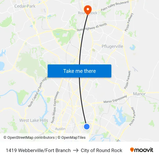 1419 Webberville/Fort Branch to City of Round Rock map