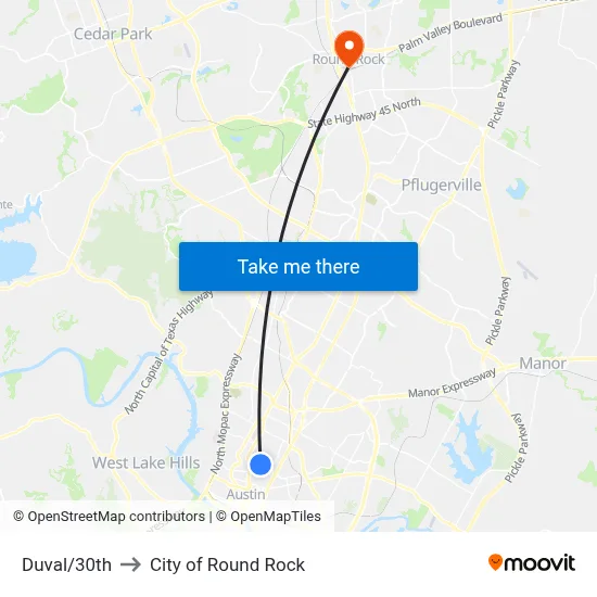 Duval/30th to City of Round Rock map