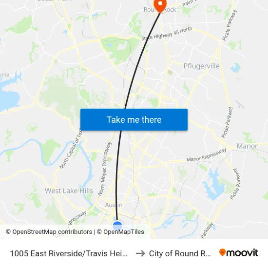 1005 East Riverside/Travis Heights to City of Round Rock map