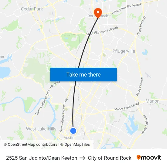 2525 San Jacinto/Dean Keeton to City of Round Rock map