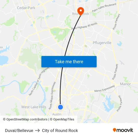 Duval/Bellevue to City of Round Rock map