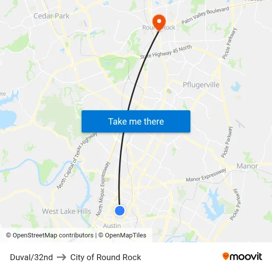 Duval/32nd to City of Round Rock map
