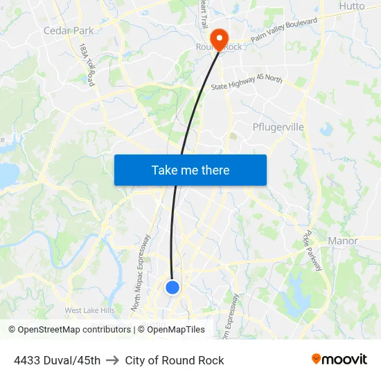 4433 Duval/45th to City of Round Rock map