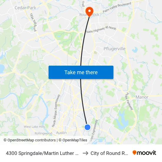 4300 Springdale/Martin Luther King to City of Round Rock map