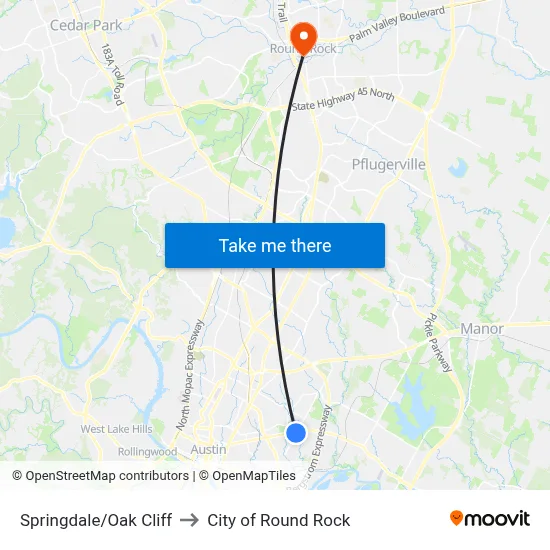 Springdale/Oak Cliff to City of Round Rock map