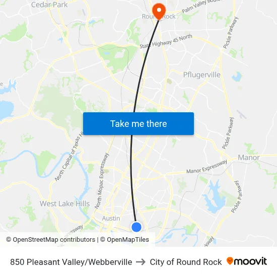 850 Pleasant Valley/Webberville to City of Round Rock map