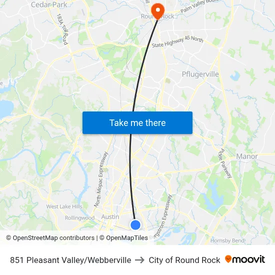 851 Pleasant Valley/Webberville to City of Round Rock map