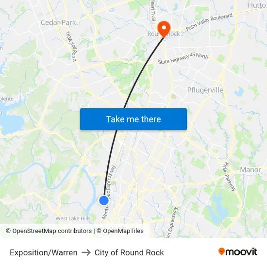 Exposition/Warren to City of Round Rock map