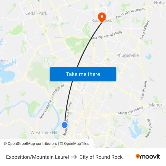 Exposition/Mountain Laurel to City of Round Rock map