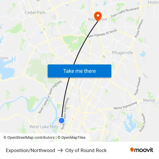 Exposition/Northwood to City of Round Rock map