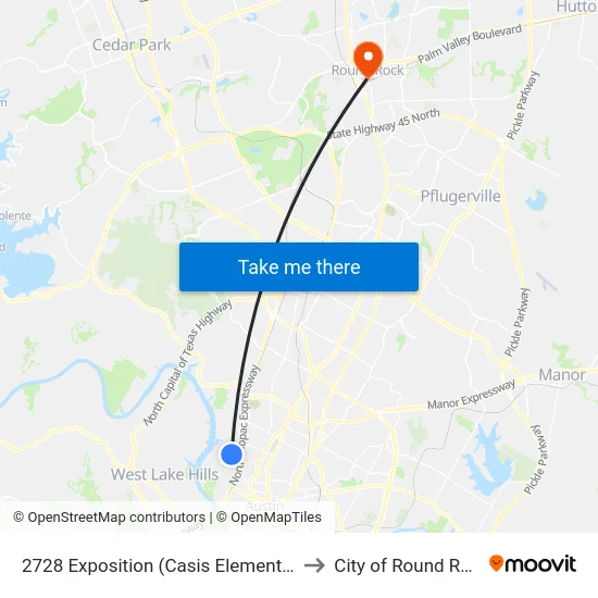 2728 Exposition (Casis Elementary) to City of Round Rock map