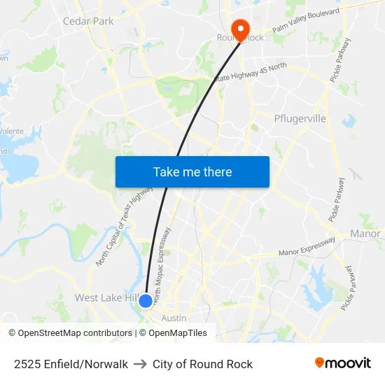 2525 Enfield/Norwalk to City of Round Rock map