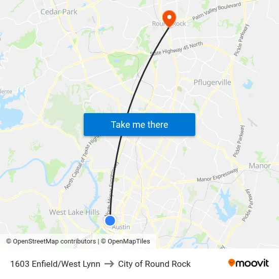 1603 Enfield/West Lynn to City of Round Rock map