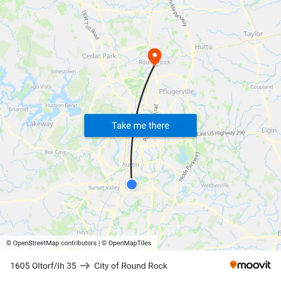 1605 Oltorf/Ih 35 to City of Round Rock map