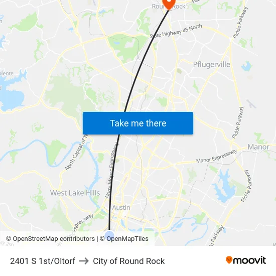 2401 S 1st/Oltorf to City of Round Rock map